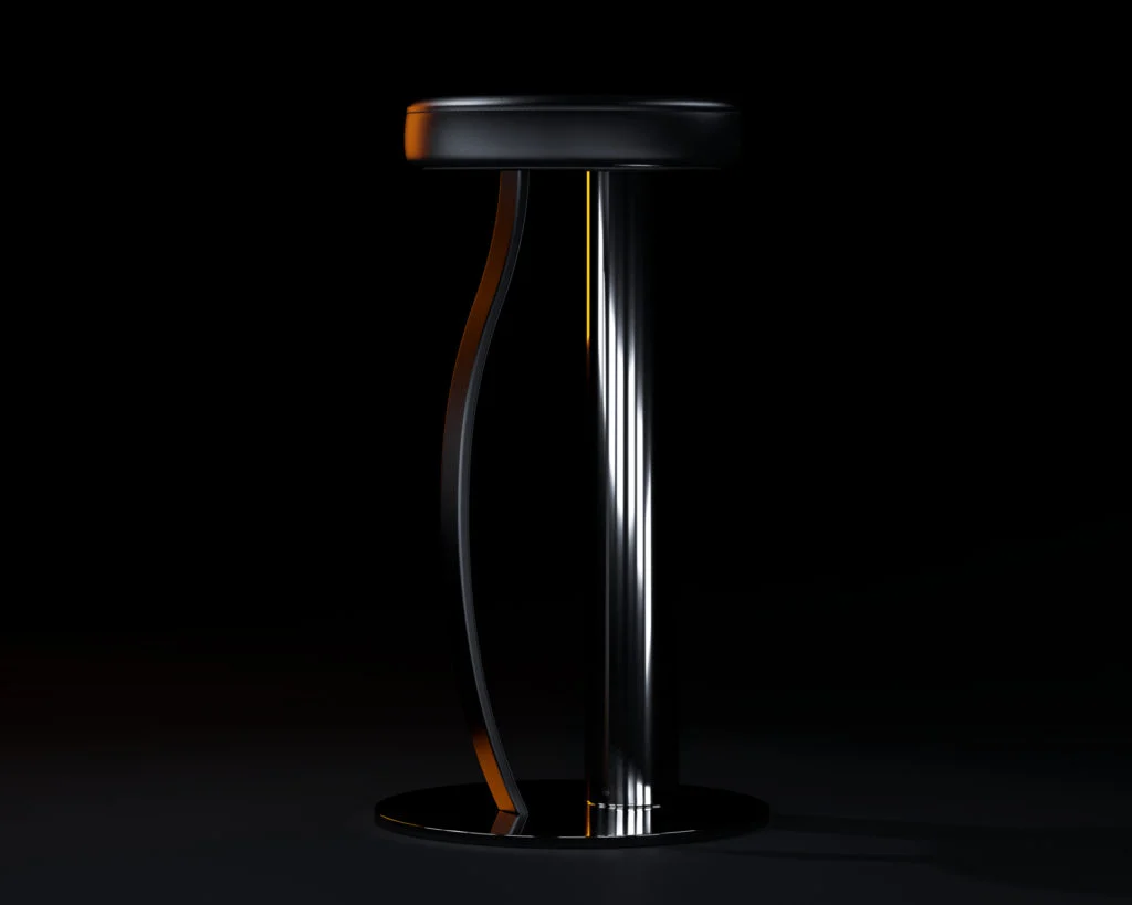 A product rendering of a bar stool with a metal leg and leather seating.